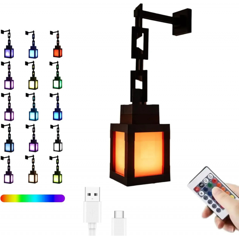 【NEW】Pixel Lantern Night Light 16 Colors RGB USB-C Rechargeable Remote Control Gamer Room Decor Gift