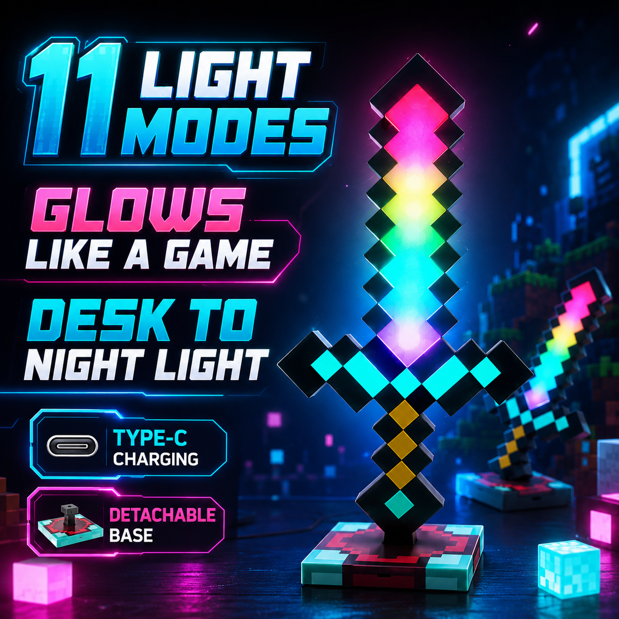 【Upgrade】Pixel Sword LED Desk Lamp 11 Colors & Running Light Gamer Desk Decor USB Night Light Gift