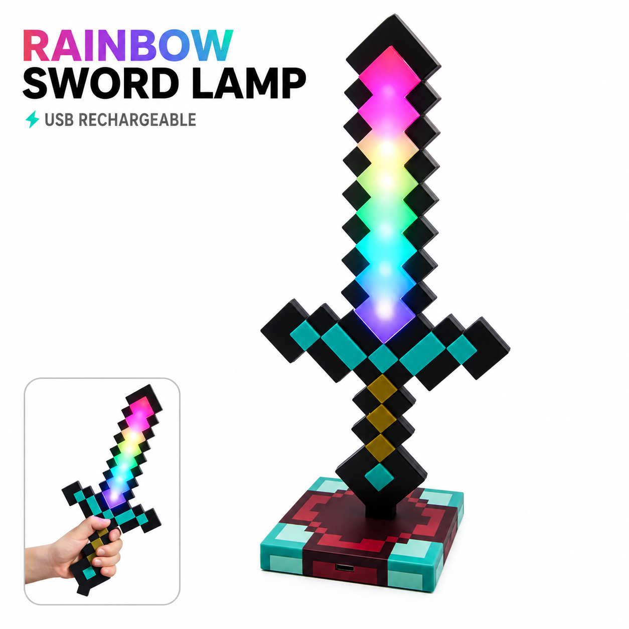 【Upgrade】Pixel Sword LED Desk Lamp 11 Colors & Running Light Gamer Desk Decor USB Night Light Gift