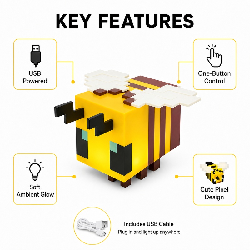 【NEW】Bee LED Night Light USB Rechargeable Gaming Room Bedroom Desk Decor Creative Pixel Lamp