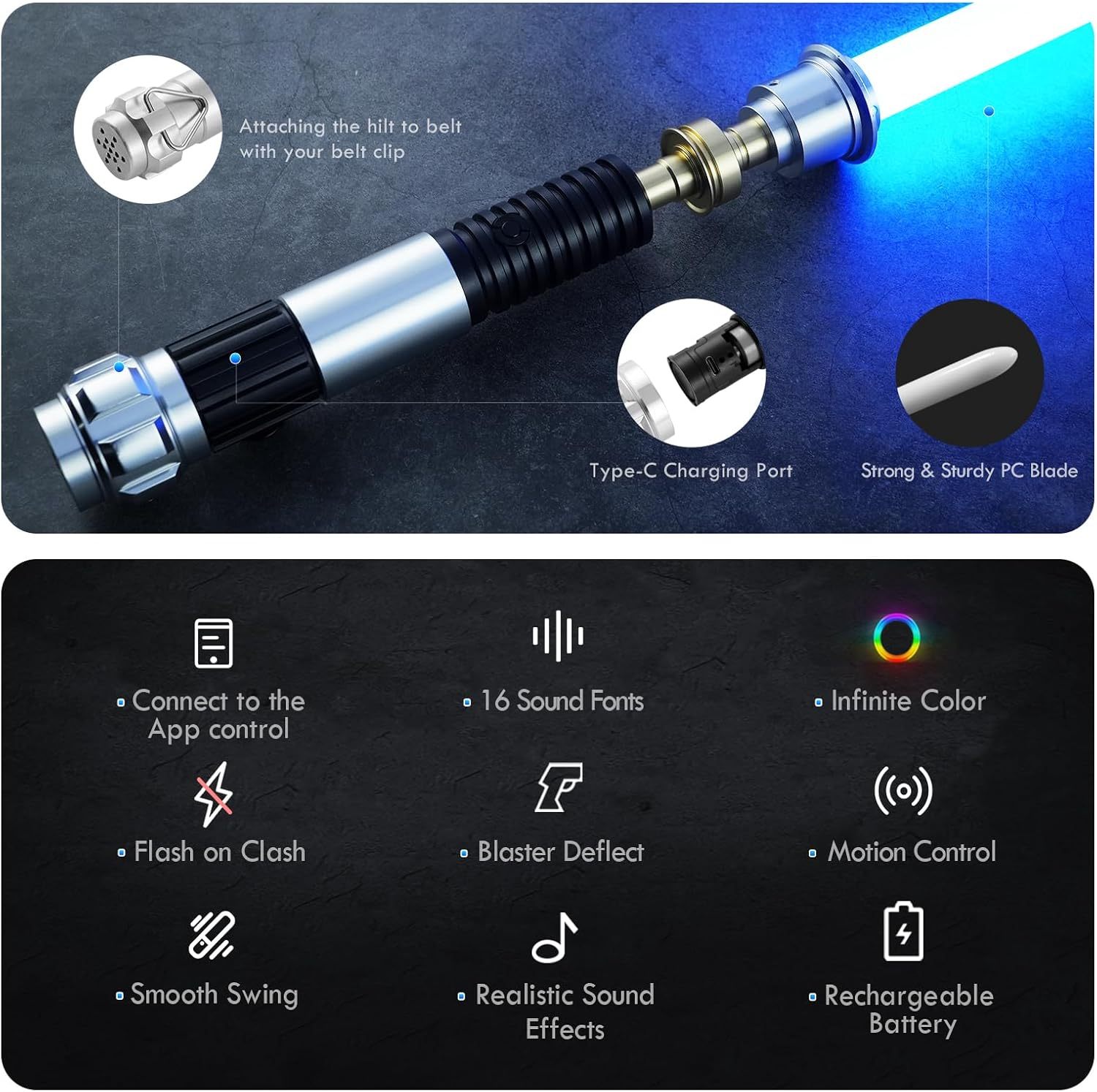 Obiwan Lightsaber Motion Control Smooth Swing with Infinite Color Metal Hilt 31.6CM