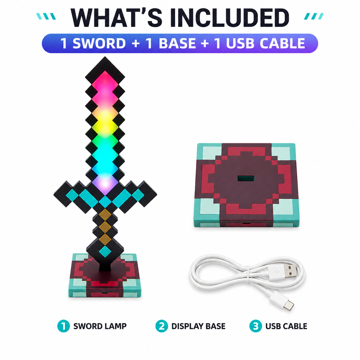 【Upgrade】Pixel Sword LED Desk Lamp 11 Colors & Running Light Gamer Desk Decor USB Night Light Gift