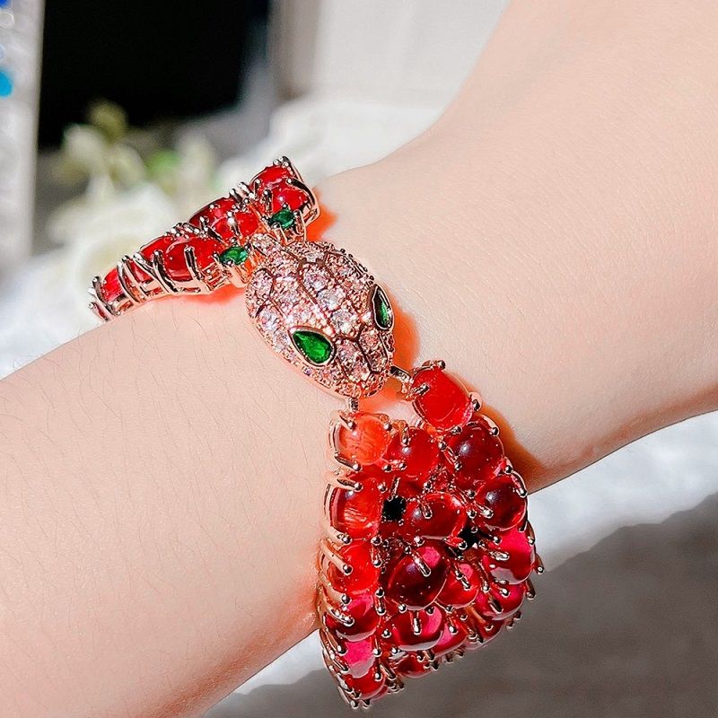 Red Garnet Bead Stones Snake Head Shaped Open and Close Bangle Bracelet