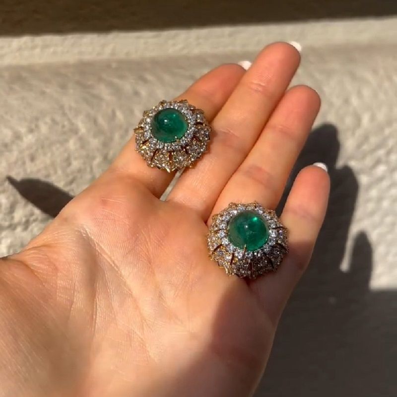 18K Yellow Gold Natural Round Cut Emerald Earrings Studs with Diamonds
