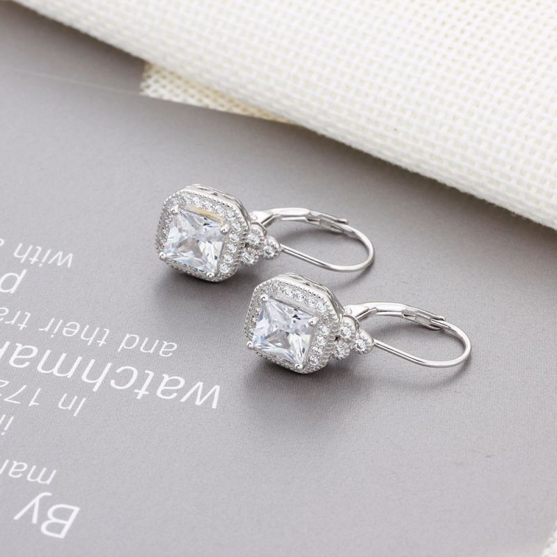 Sterling Silver Classic Halo Round With Princess Cut Drop Earrings