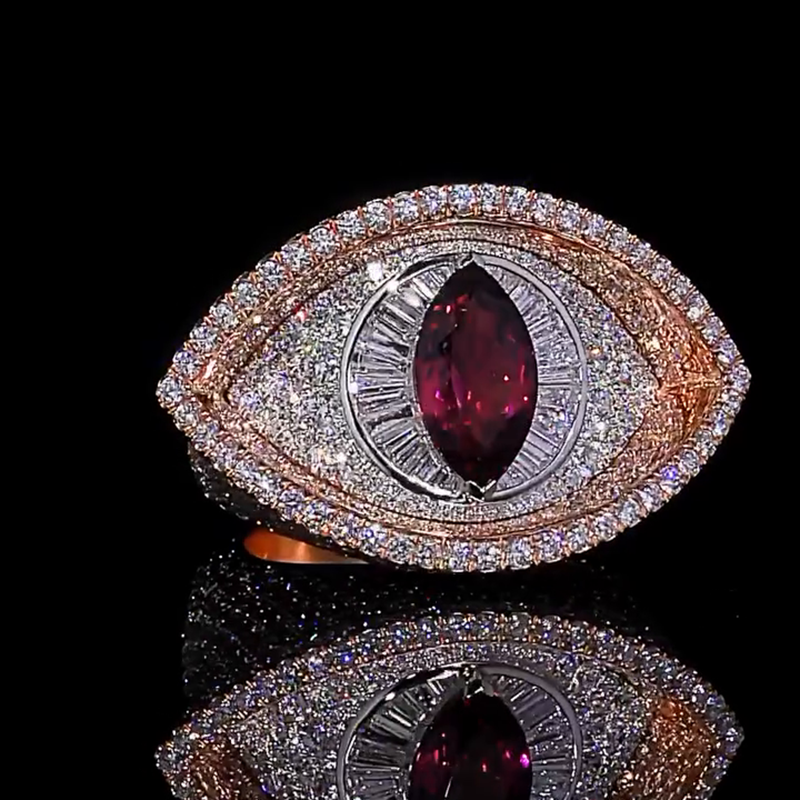 4.5ct Marquise Cut Garnet Pave Set Two-Tone Evil Eye Men's Ring