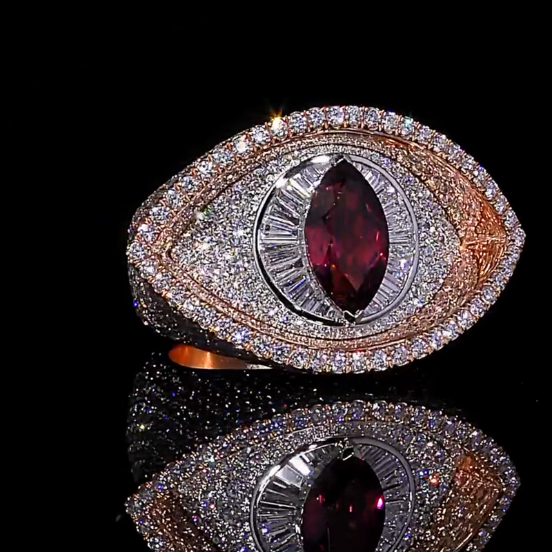 4.5ct Marquise Cut Garnet Pave Set Two-Tone Evil Eye Men's Ring