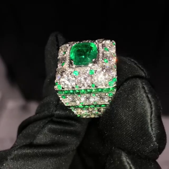 4.5ct Cushion Cut Emerald Green Center Stone Surrounded By Round Cut White Sapphires Luxury Handmade Men's Ring