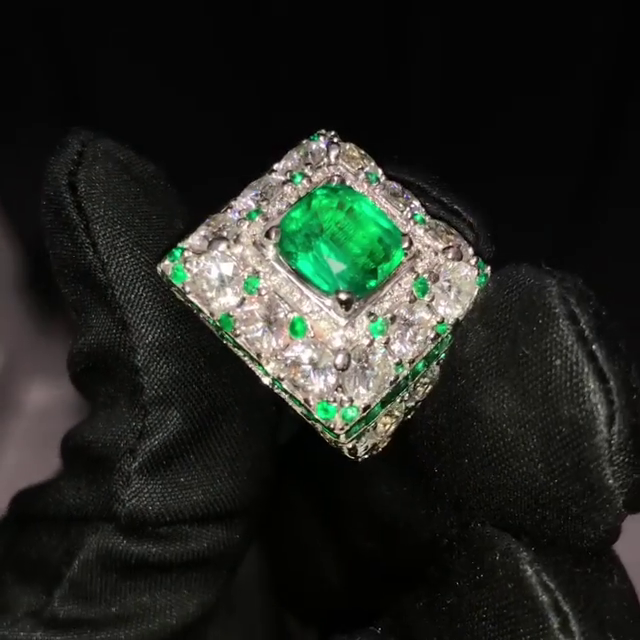 4.5ct Cushion Cut Emerald Green Center Stone Surrounded By Round Cut White Sapphires Luxury Handmade Men's Ring