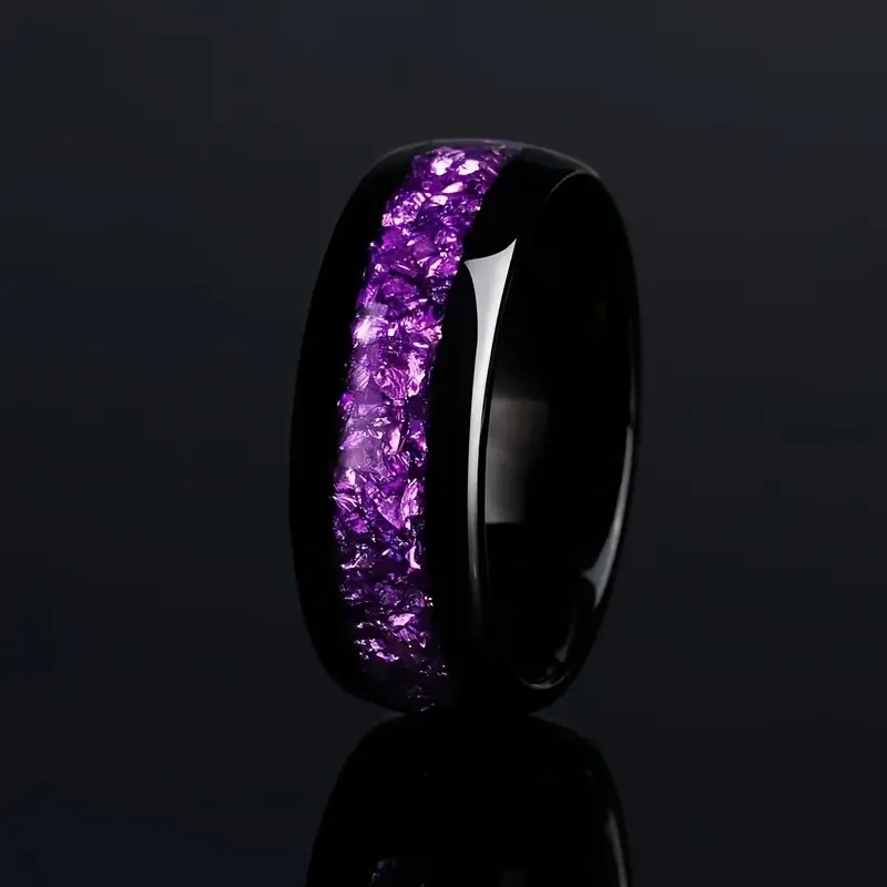 Handmade 8mm Purple Floral Pattern Ring For Men