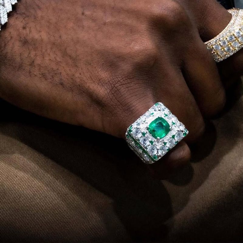 4.5ct Cushion Cut Emerald Green Center Stone Surrounded By Round Cut White Sapphires Luxury Handmade Men's Ring