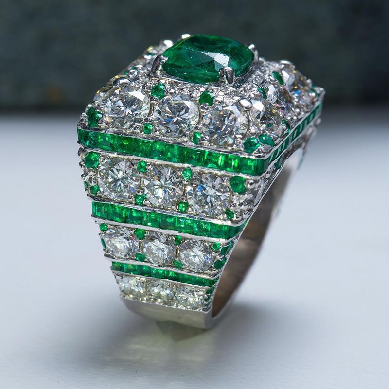 4.5ct Cushion Cut Emerald Green Center Stone Surrounded By Round Cut White Sapphires Luxury Handmade Men's Ring