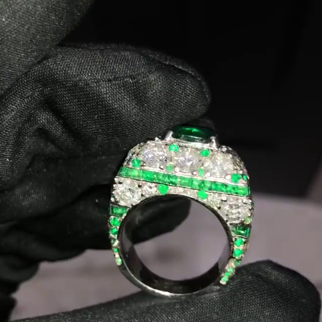 4.5ct Cushion Cut Emerald Green Center Stone Surrounded By Round Cut White Sapphires Luxury Handmade Men's Ring