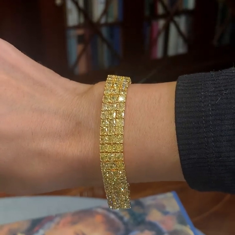 33ctw Princess Cut Yellow Sapphire Handmade 3 Rows Yellow Gold Bracelet