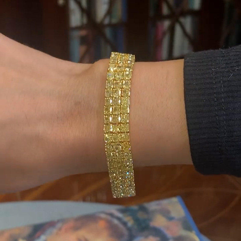 33ctw Princess Cut Yellow Sapphire Handmade 3 Rows Yellow Gold Bracelet