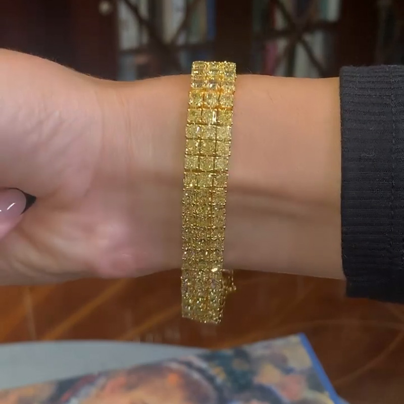 33ctw Princess Cut Yellow Sapphire Handmade 3 Rows Yellow Gold Bracelet