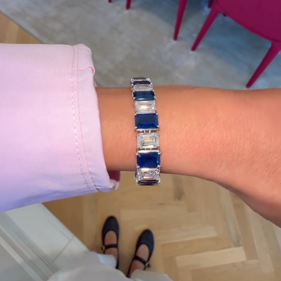 30ct emerald-cut sapphire handmade sterling silver bracelet