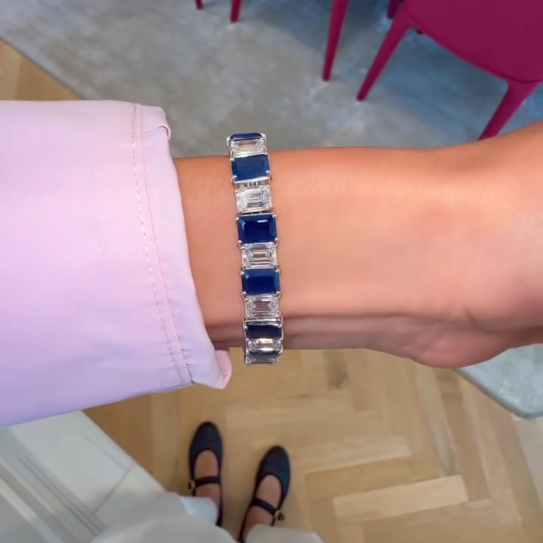 30ct emerald-cut sapphire handmade sterling silver bracelet