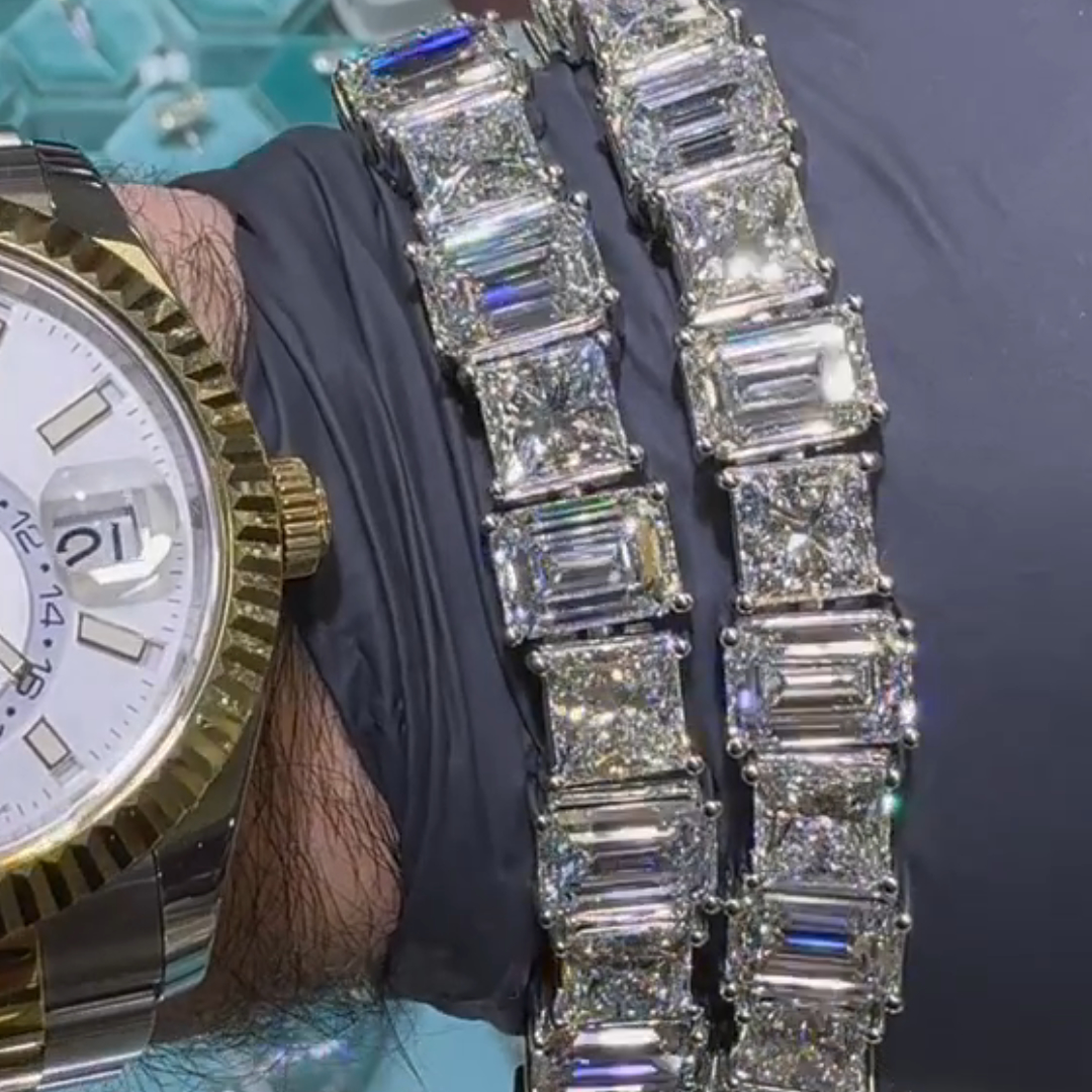 40ct Emerald-cut and Cushion-cut Sterling Silver Handmade Bracelet