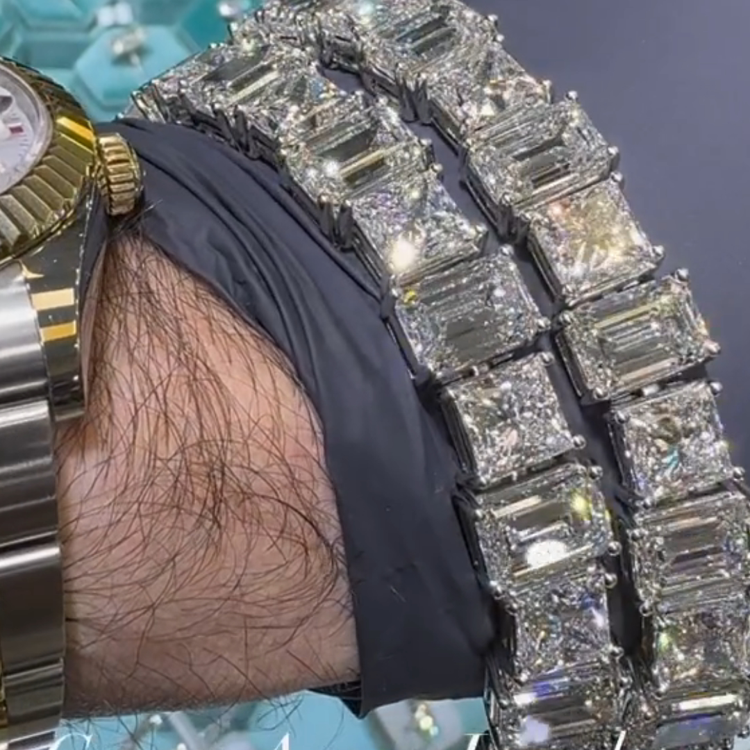 40ct Emerald-cut and Cushion-cut Sterling Silver Handmade Bracelet