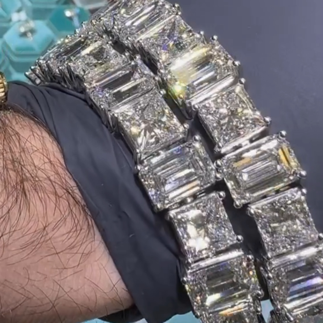 40ct Emerald-cut and Cushion-cut Sterling Silver Handmade Bracelet