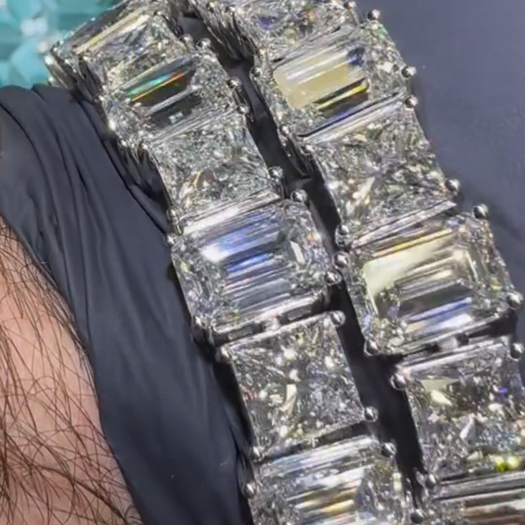 40ct Emerald-cut and Cushion-cut Sterling Silver Handmade Bracelet