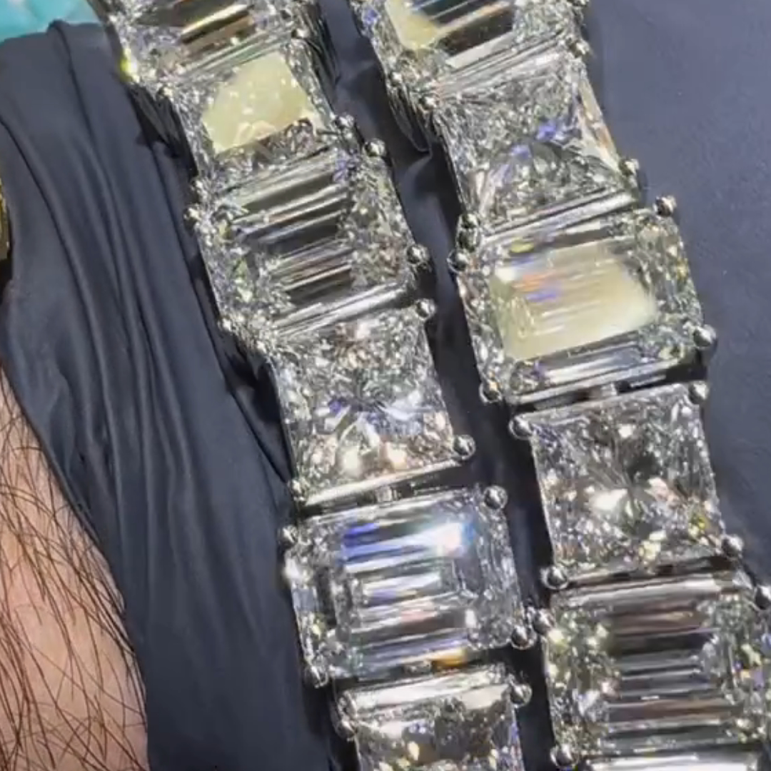 40ct Emerald-cut and Cushion-cut Sterling Silver Handmade Bracelet