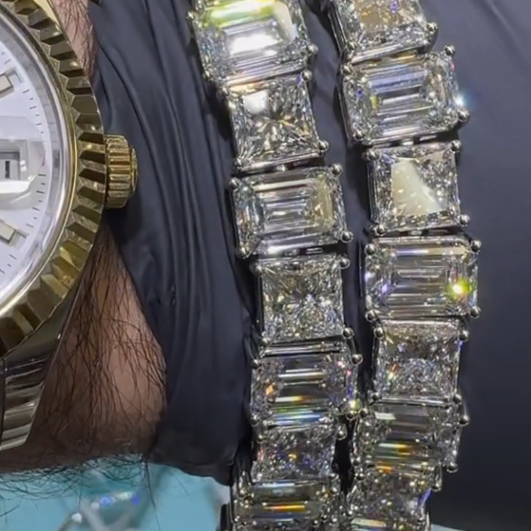 40ct Emerald-cut and Cushion-cut Sterling Silver Handmade Bracelet