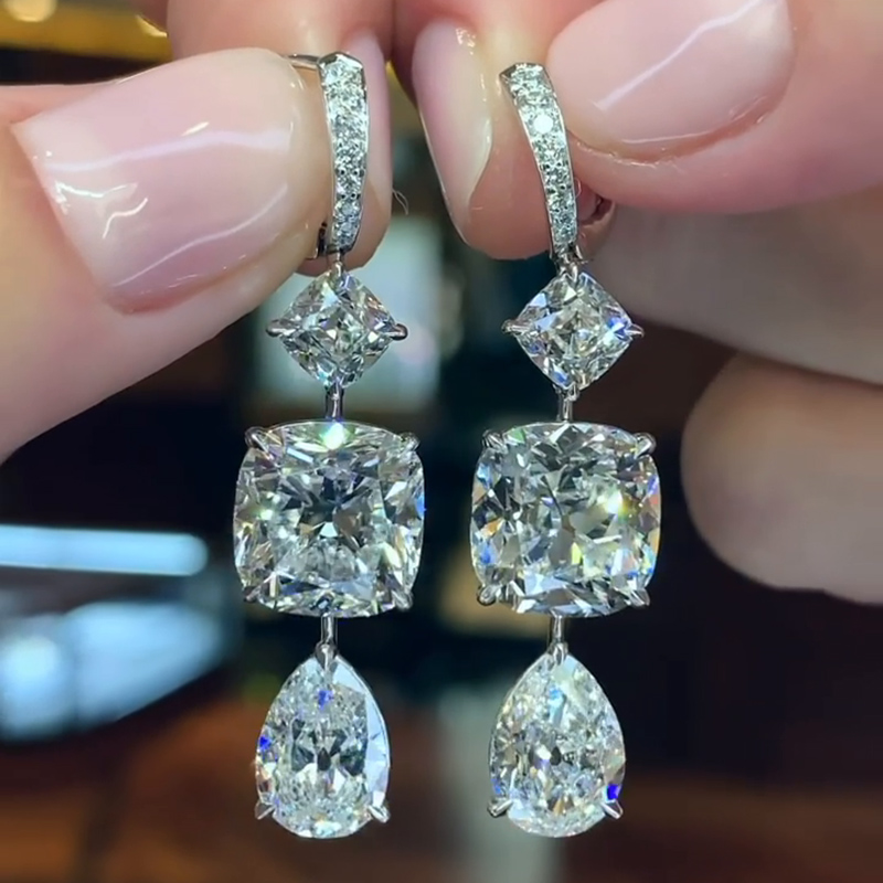 15ct Cushion And Pear Cut White Diamond Drop Earrings