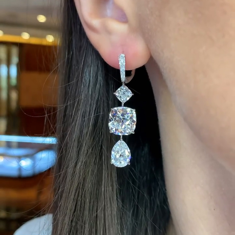 15ct Cushion And Pear Cut White Diamond Drop Earrings