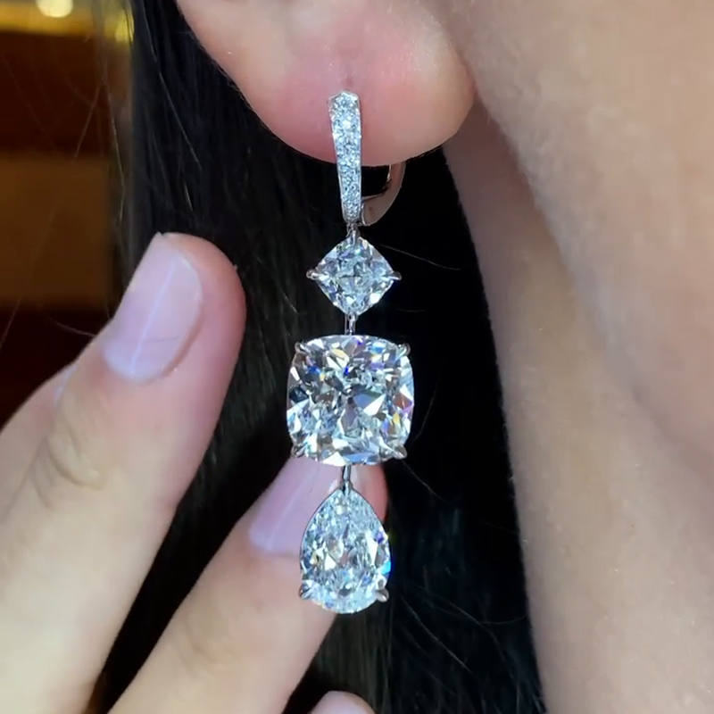 15ct Cushion And Pear Cut White Diamond Drop Earrings