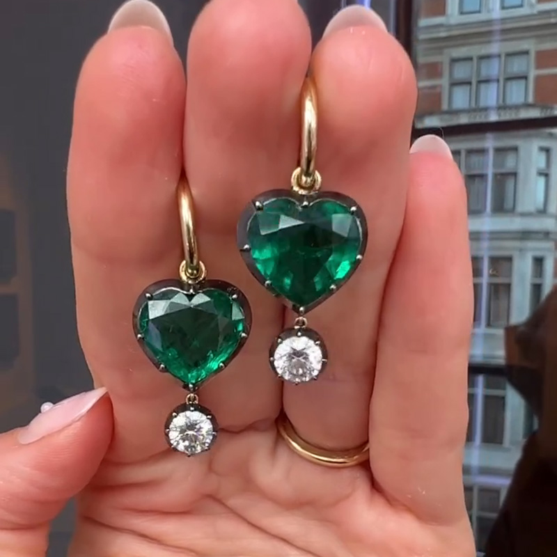 6ct Heart Cut Emerald Drop Earrings in Gold