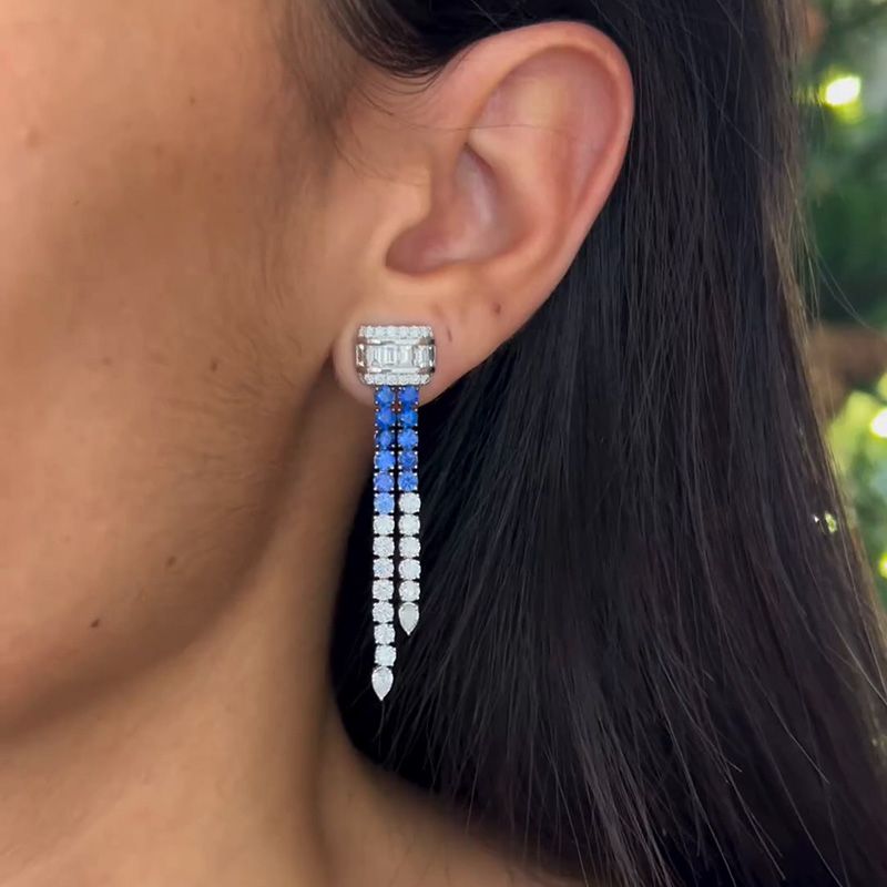 Round Cut White and Blue Sapphire Handmade Drop Earrings
