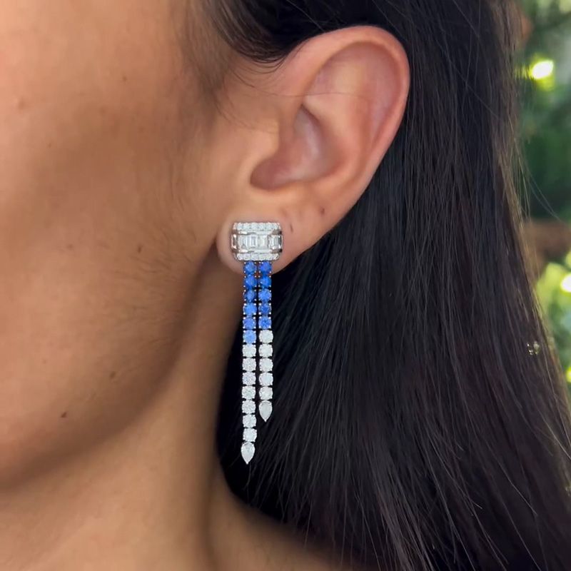 Round Cut White and Blue Sapphire Handmade Drop Earrings