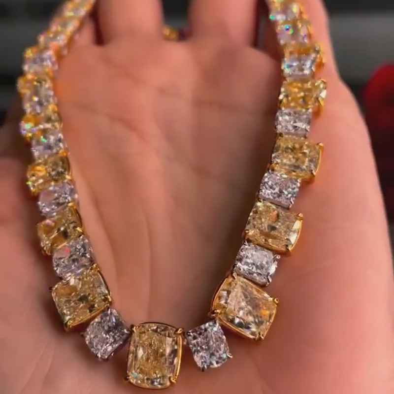 58ct Cushion Cut Yellow & White Sapphire Men's Yellow Gold Choker Necklace