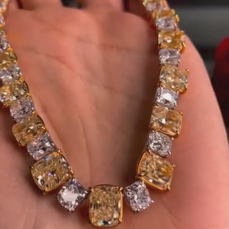 58ct Cushion Cut Yellow & White Sapphire Men's Yellow Gold Choker Necklace