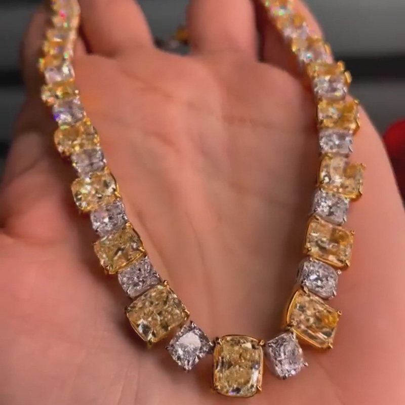 58ct Cushion Cut Yellow & White Sapphire Men's Yellow Gold Choker Necklace