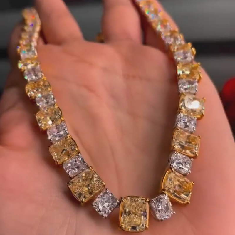 58ct Cushion Cut Yellow & White Sapphire Men's Yellow Gold Choker Necklace