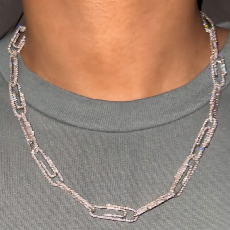 31ctw Round Cut White Sapphire Paper Clip Paved Handmade Men's Necklace