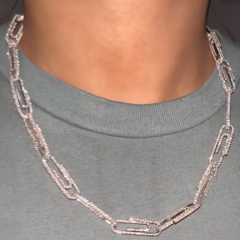 31ctw Round Cut White Sapphire Paper Clip Paved Handmade Men's Necklace