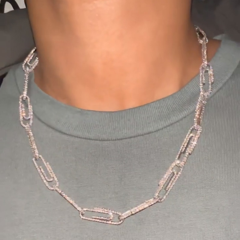 31ctw Round Cut White Sapphire Paper Clip Paved Handmade Men's Necklace