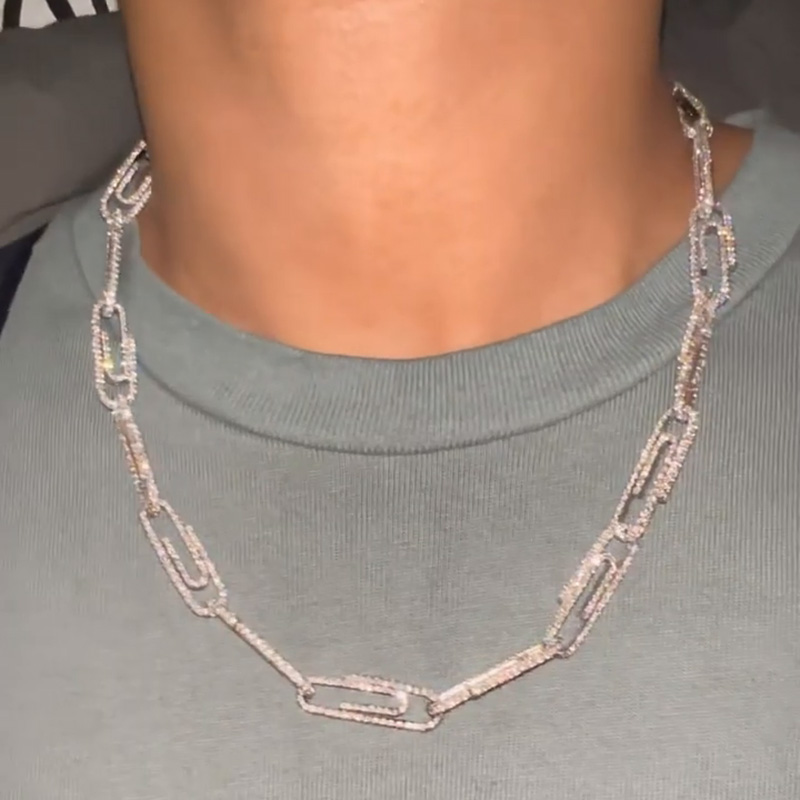 31ctw Round Cut White Sapphire Paper Clip Paved Handmade Men's Necklace