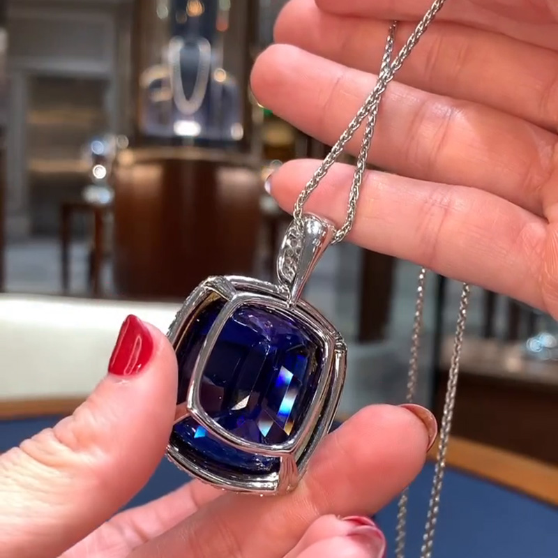 50ct Cushion Cut Blue Sapphire Double Halo Heart of the Ocean Pendant Necklace