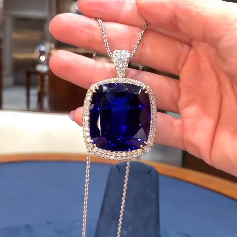 50ct Cushion Cut Blue Sapphire Double Halo Heart of the Ocean Pendant Necklace