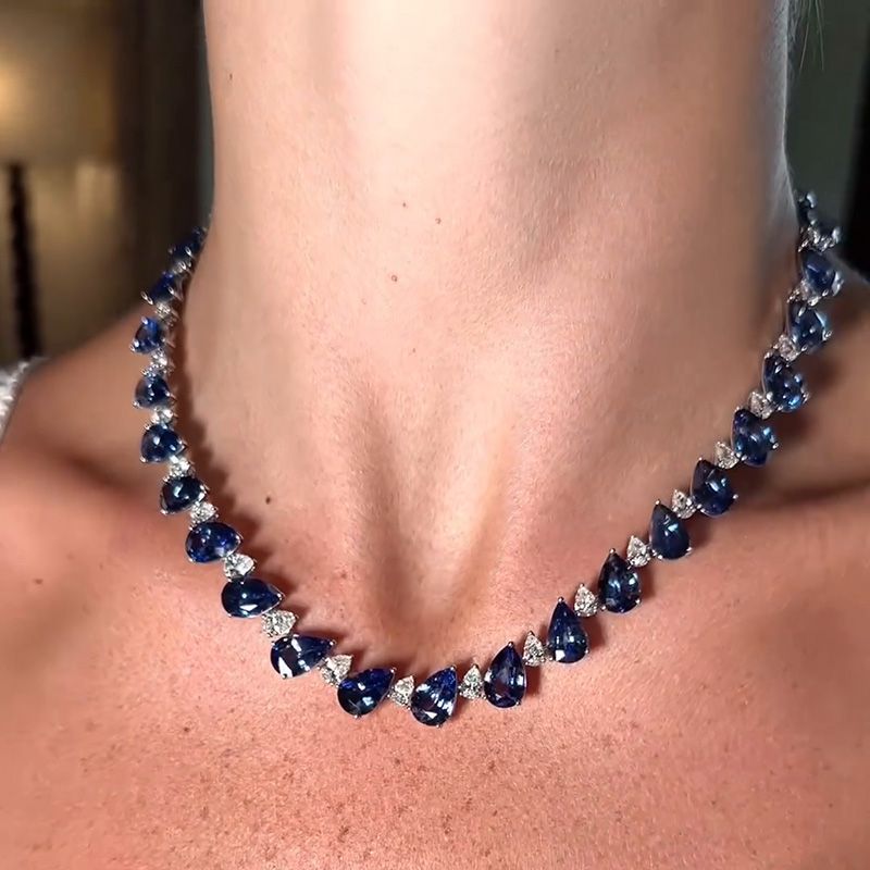 55ctw Pear Cut White & Blue Sapphire Handmade Necklace