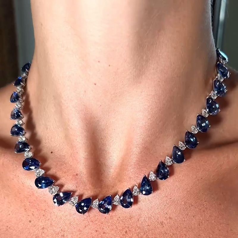 55ctw Pear Cut White & Blue Sapphire Handmade Necklace