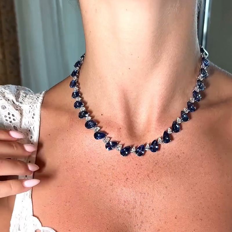55ctw Pear Cut White & Blue Sapphire Handmade Necklace