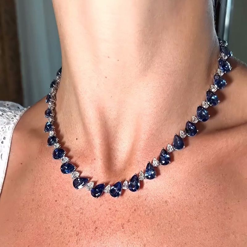 55ctw Pear Cut White & Blue Sapphire Handmade Necklace