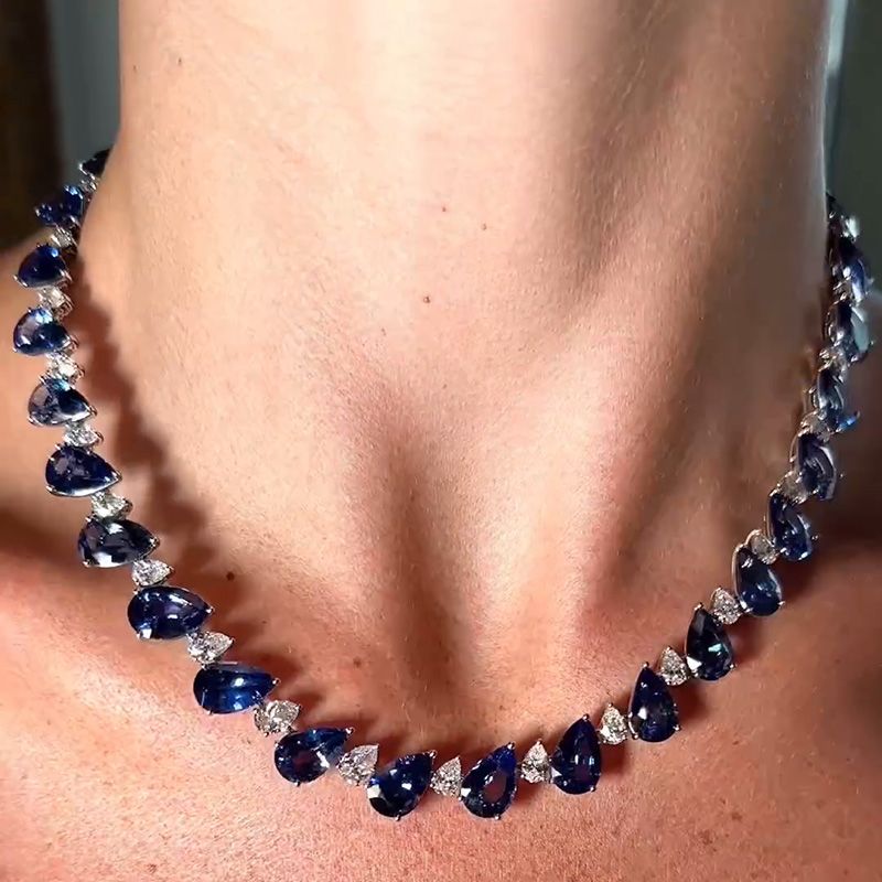 55ctw Pear Cut White & Blue Sapphire Handmade Necklace