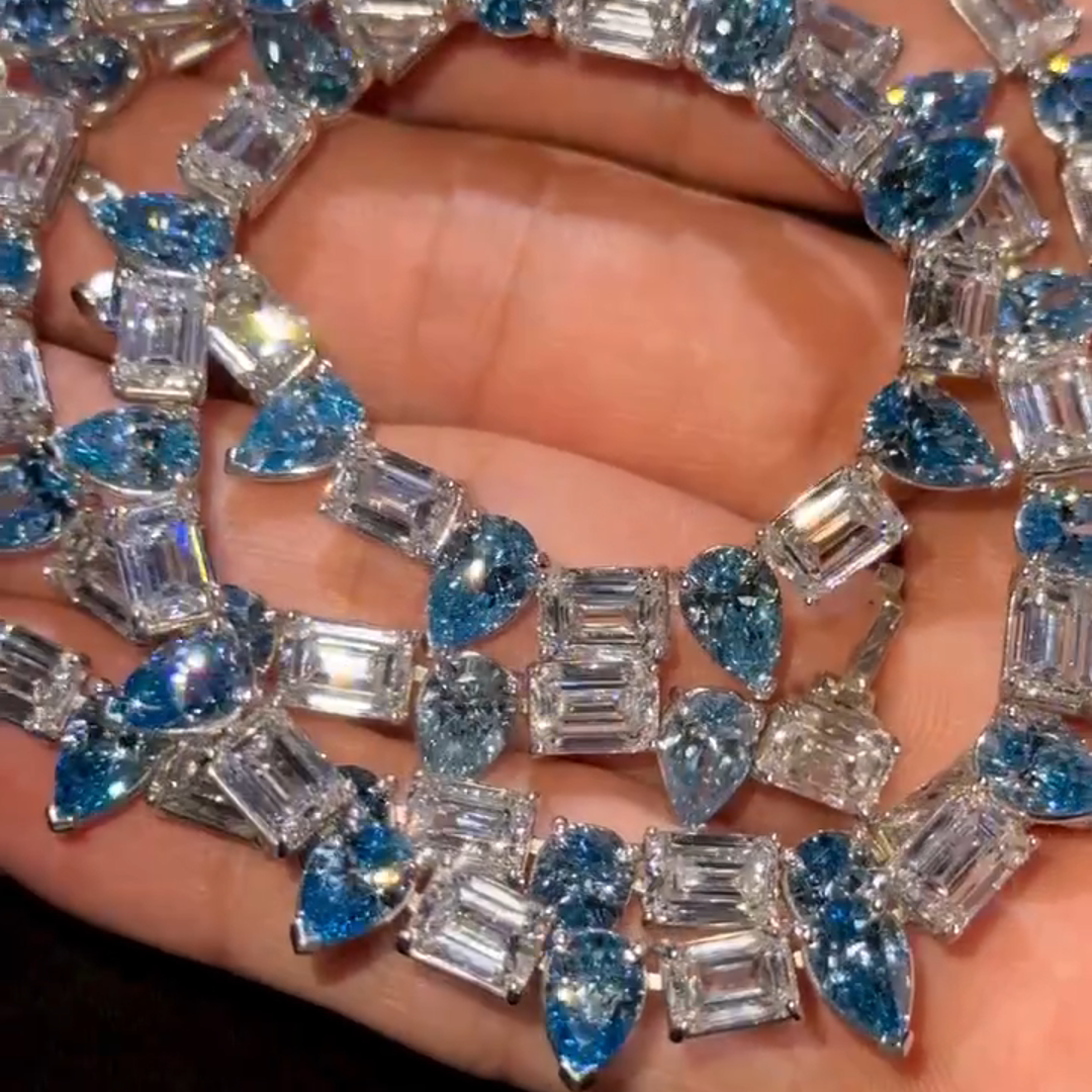 50ct pear-cut and emerald-cut diamond handmade sterling silver necklace